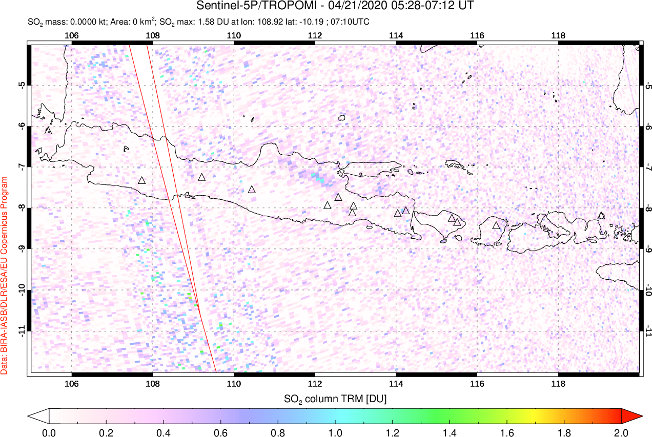 A sulfur dioxide image over Java, Indonesia on Apr 21, 2020.