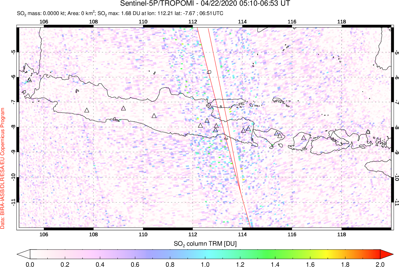 A sulfur dioxide image over Java, Indonesia on Apr 22, 2020.