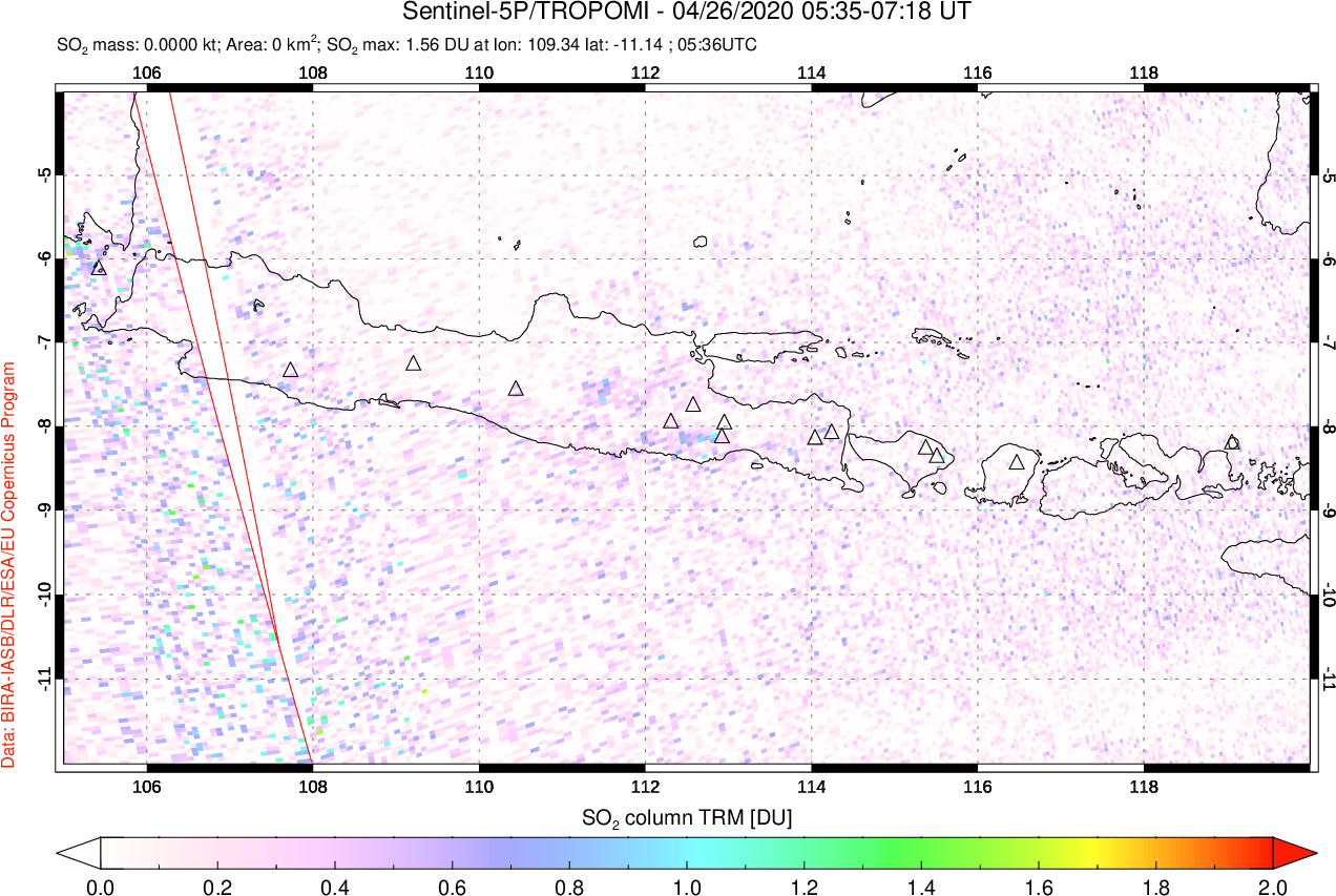 A sulfur dioxide image over Java, Indonesia on Apr 26, 2020.