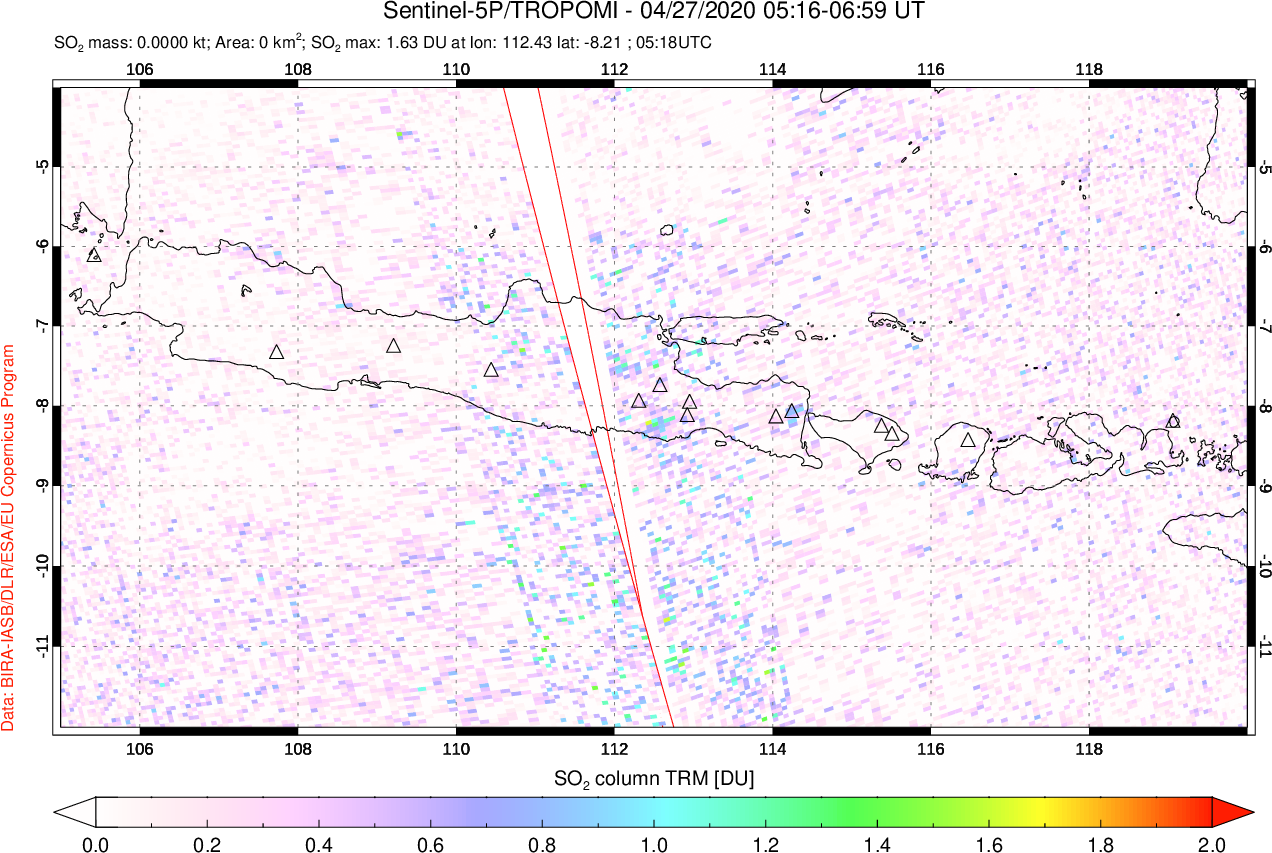 A sulfur dioxide image over Java, Indonesia on Apr 27, 2020.