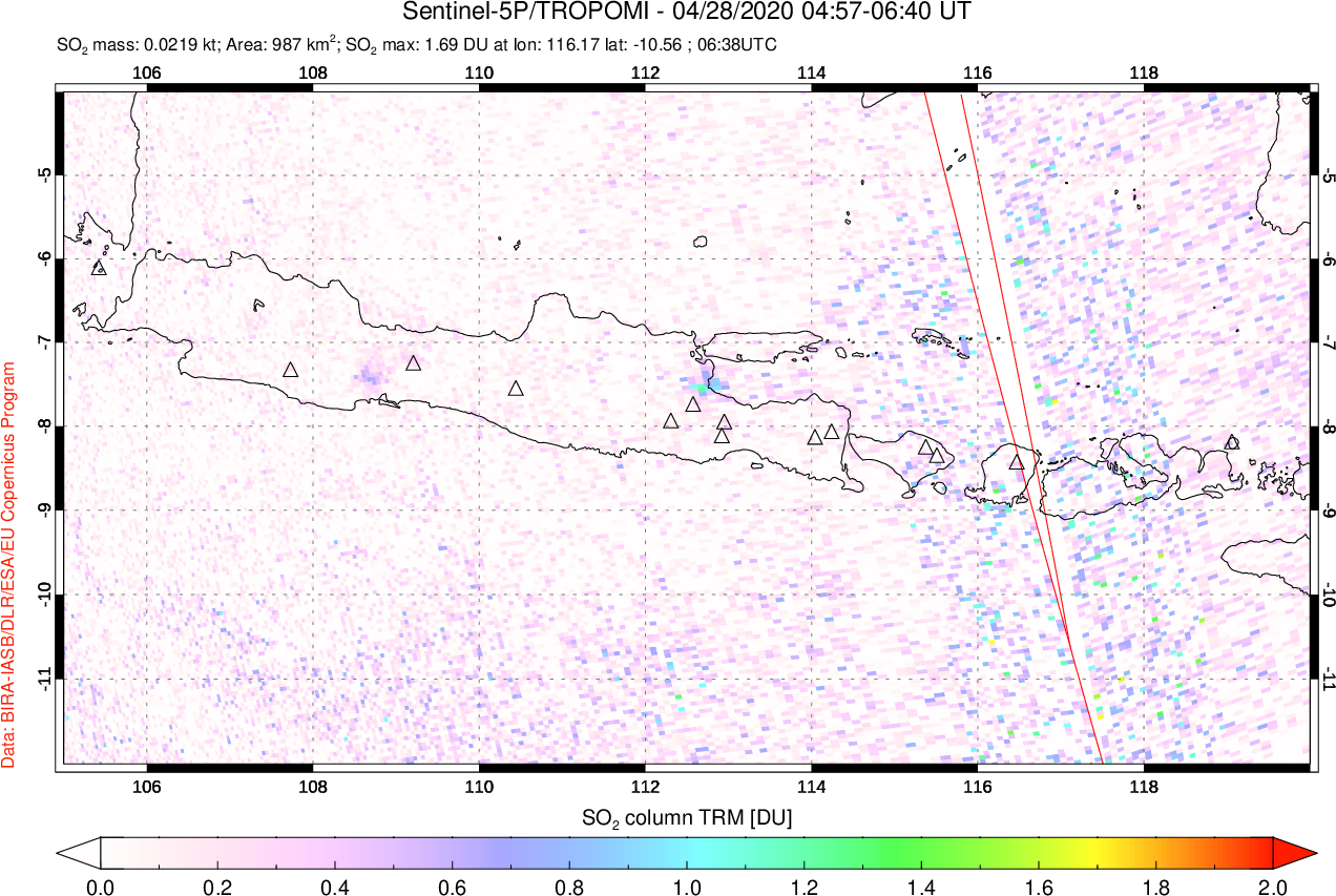 A sulfur dioxide image over Java, Indonesia on Apr 28, 2020.