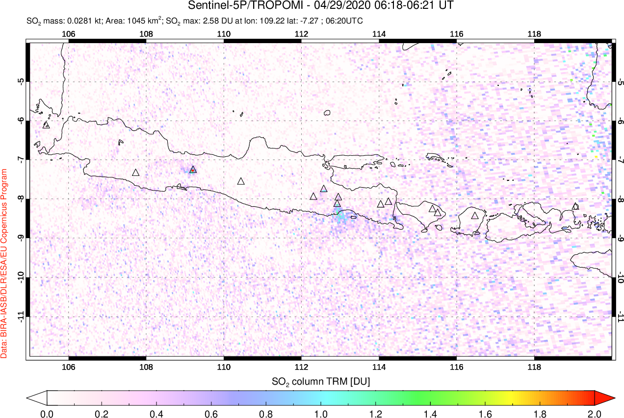 A sulfur dioxide image over Java, Indonesia on Apr 29, 2020.