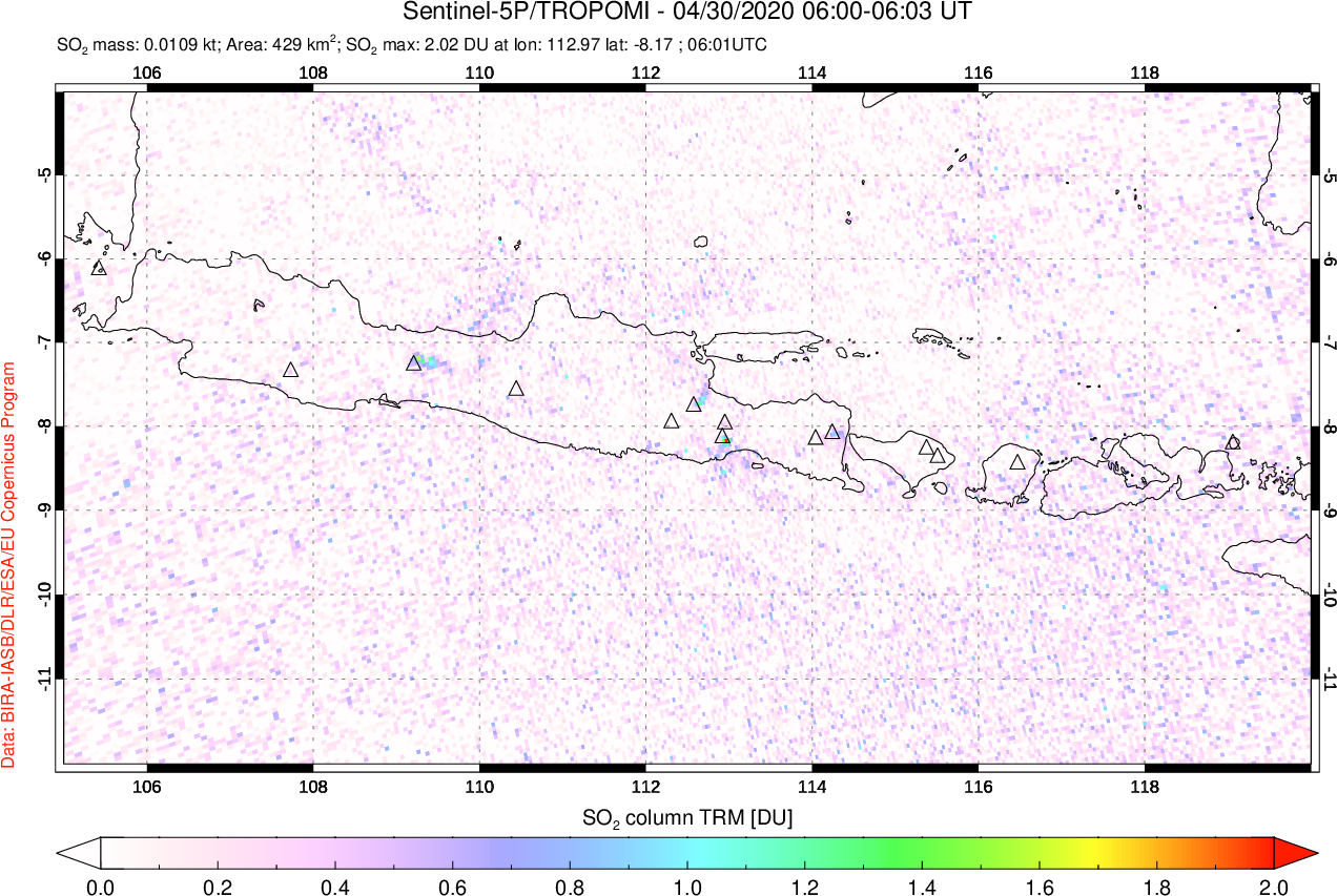 A sulfur dioxide image over Java, Indonesia on Apr 30, 2020.