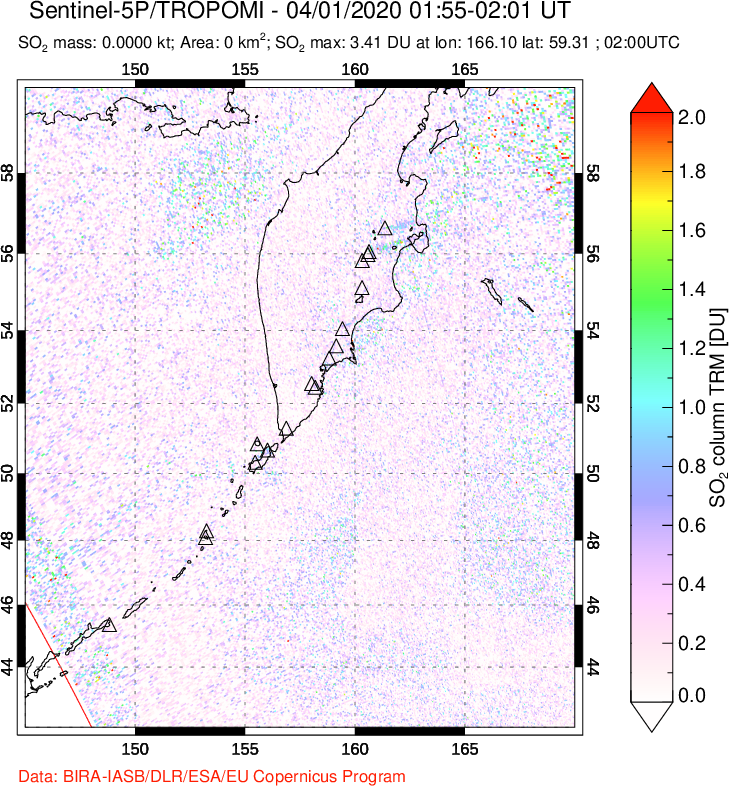 A sulfur dioxide image over Kamchatka, Russian Federation on Apr 01, 2020.