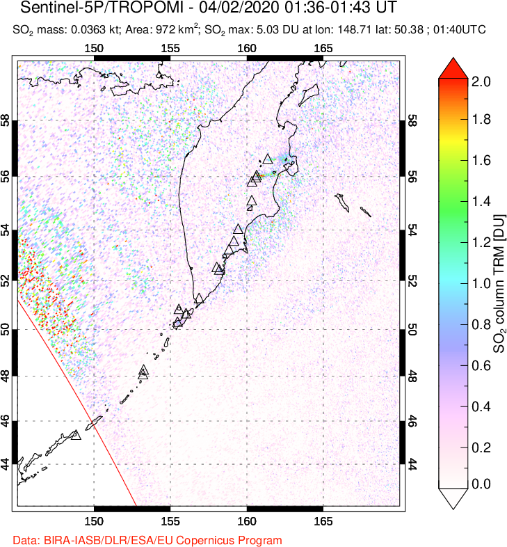 A sulfur dioxide image over Kamchatka, Russian Federation on Apr 02, 2020.