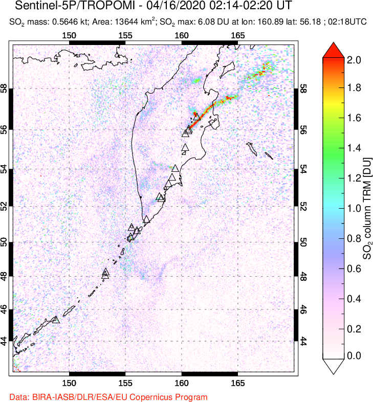 A sulfur dioxide image over Kamchatka, Russian Federation on Apr 16, 2020.