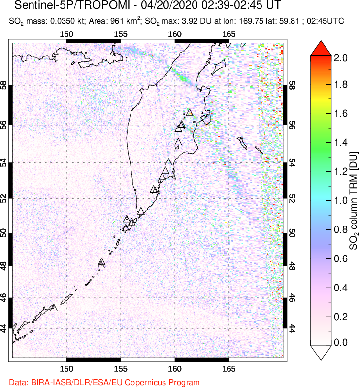 A sulfur dioxide image over Kamchatka, Russian Federation on Apr 20, 2020.