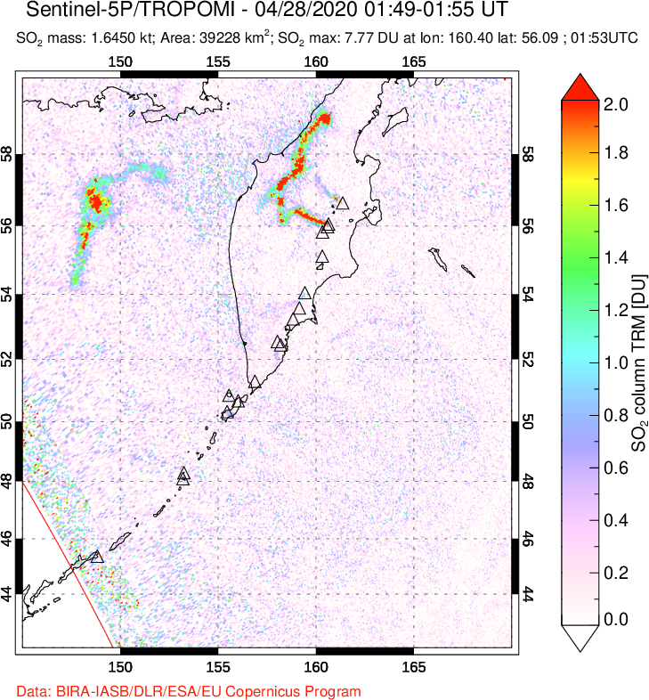 A sulfur dioxide image over Kamchatka, Russian Federation on Apr 28, 2020.
