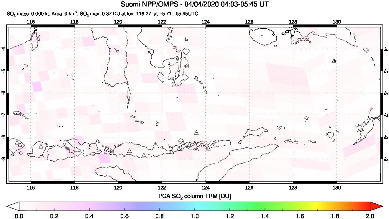 A sulfur dioxide image over Lesser Sunda Islands, Indonesia on Apr 04, 2020.