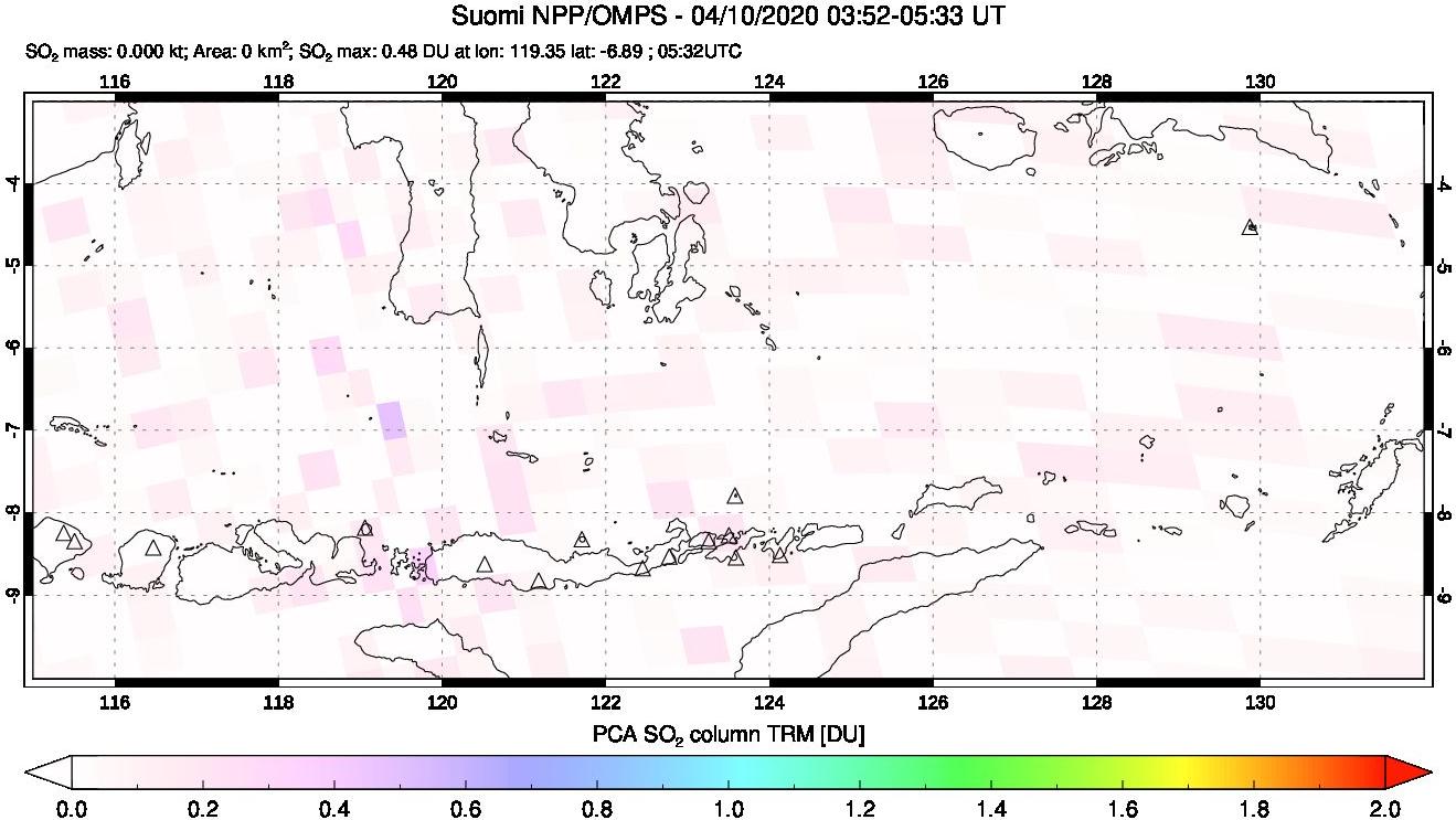 A sulfur dioxide image over Lesser Sunda Islands, Indonesia on Apr 10, 2020.