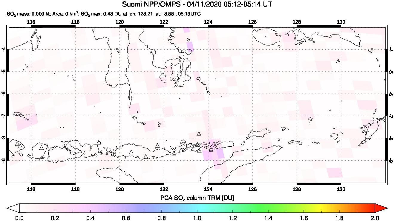 A sulfur dioxide image over Lesser Sunda Islands, Indonesia on Apr 11, 2020.
