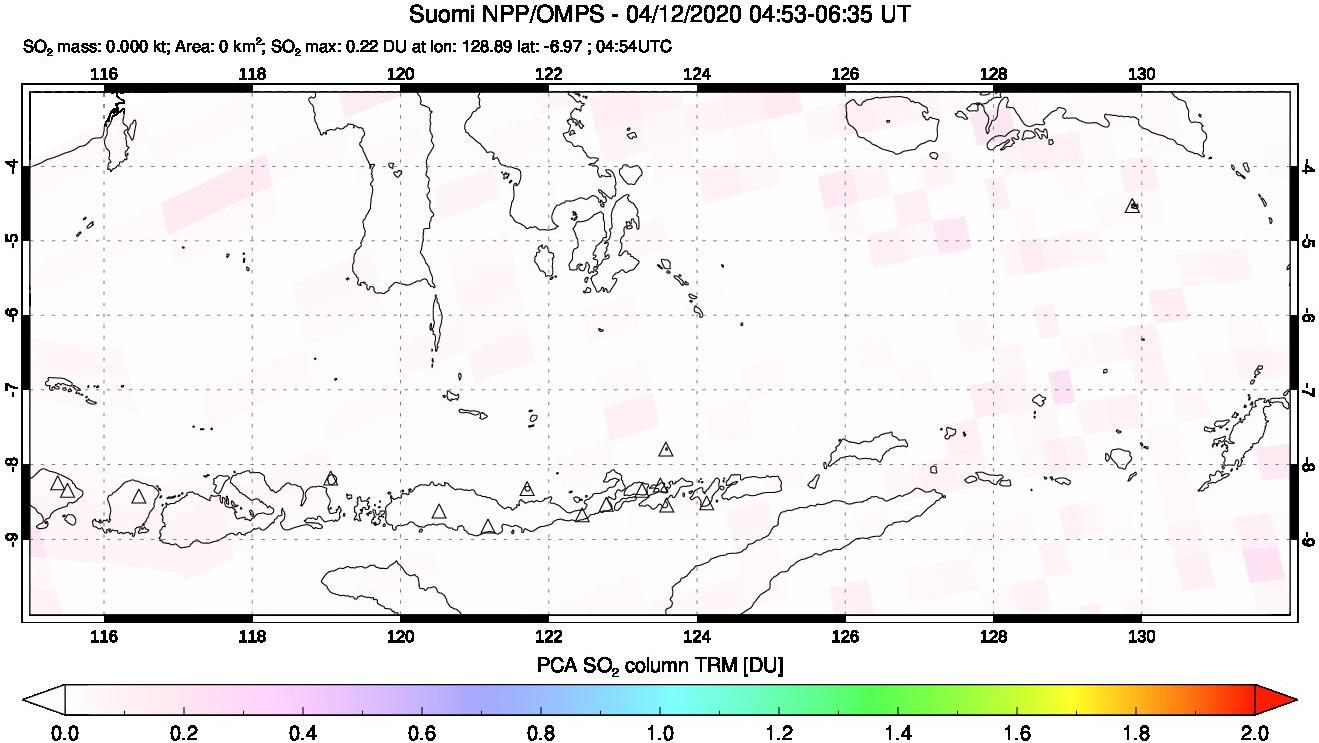 A sulfur dioxide image over Lesser Sunda Islands, Indonesia on Apr 12, 2020.
