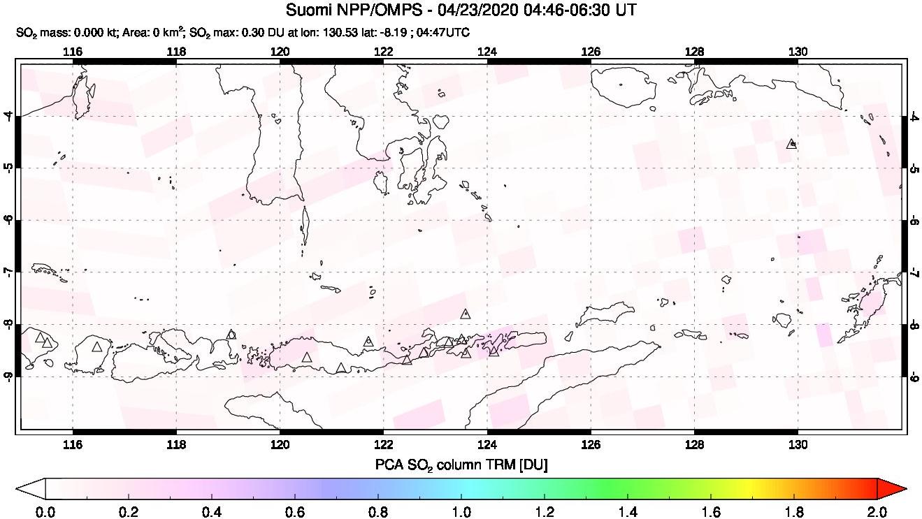 A sulfur dioxide image over Lesser Sunda Islands, Indonesia on Apr 23, 2020.