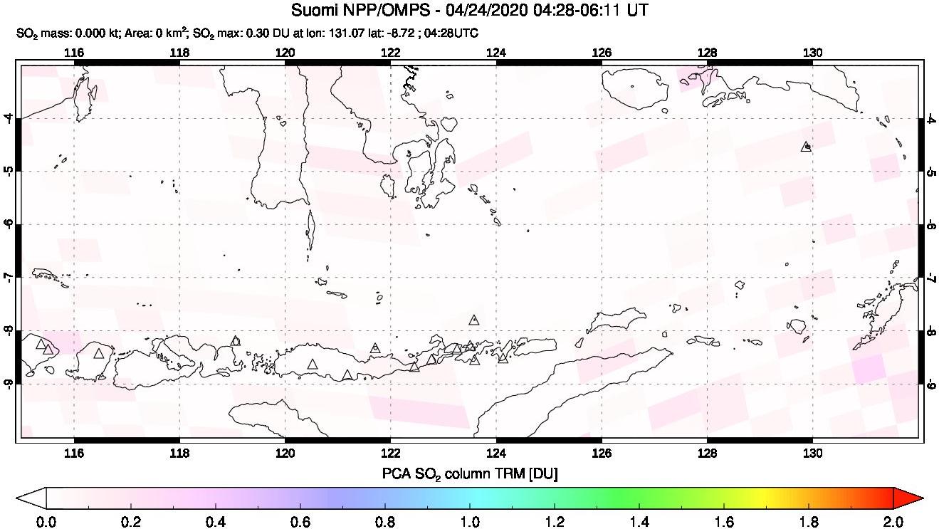 A sulfur dioxide image over Lesser Sunda Islands, Indonesia on Apr 24, 2020.