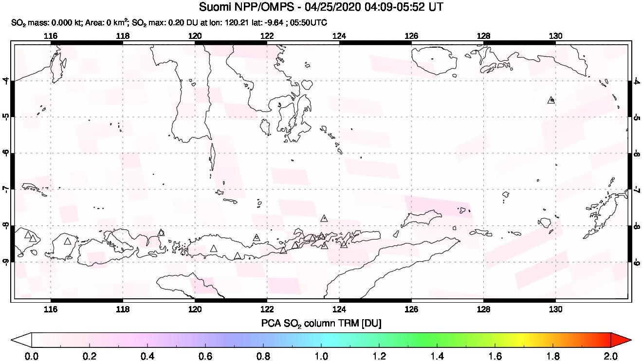 A sulfur dioxide image over Lesser Sunda Islands, Indonesia on Apr 25, 2020.