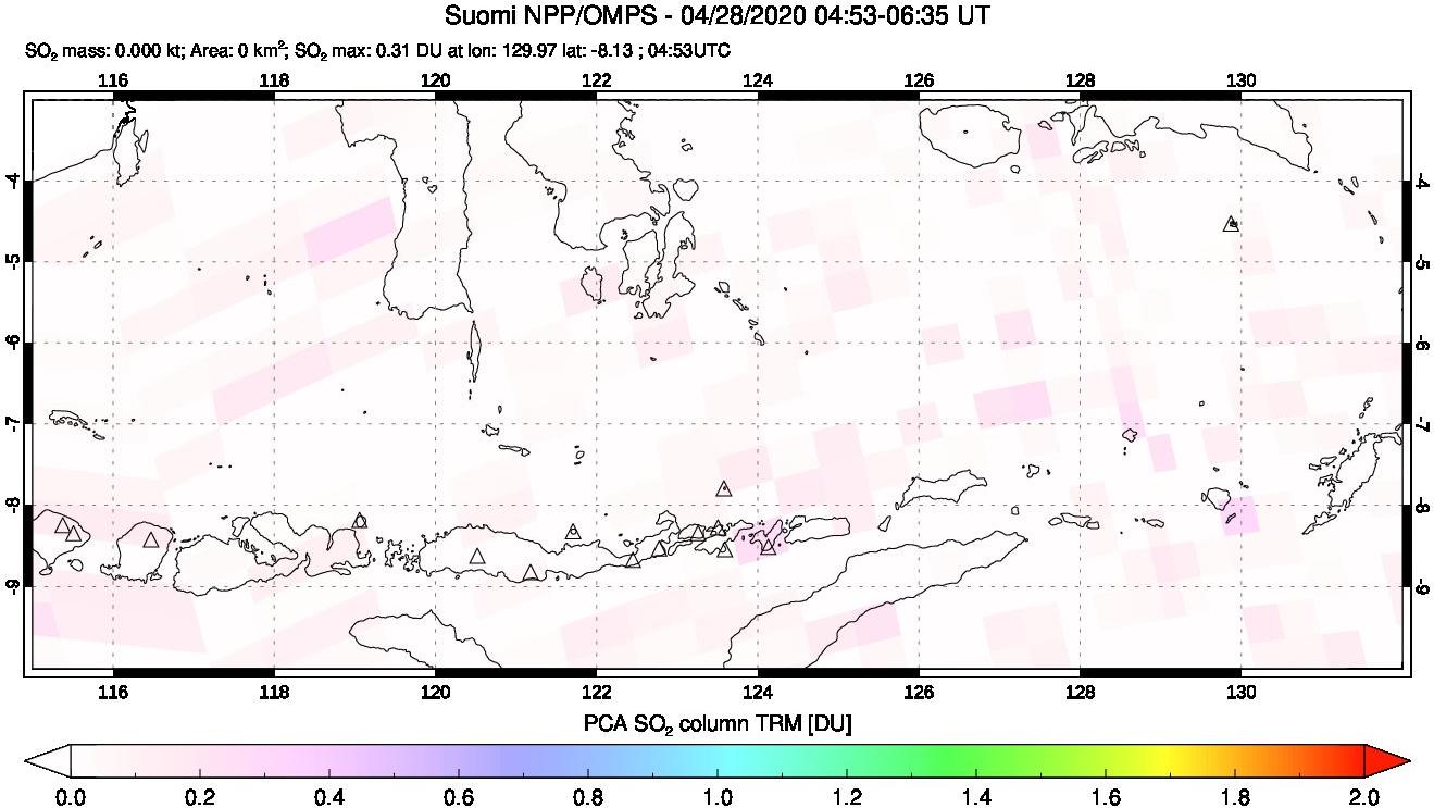 A sulfur dioxide image over Lesser Sunda Islands, Indonesia on Apr 28, 2020.