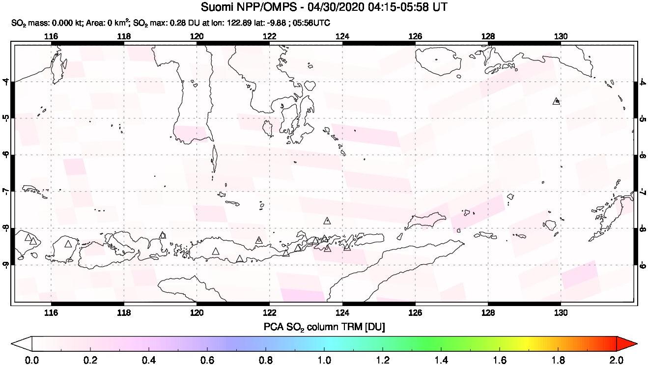 A sulfur dioxide image over Lesser Sunda Islands, Indonesia on Apr 30, 2020.
