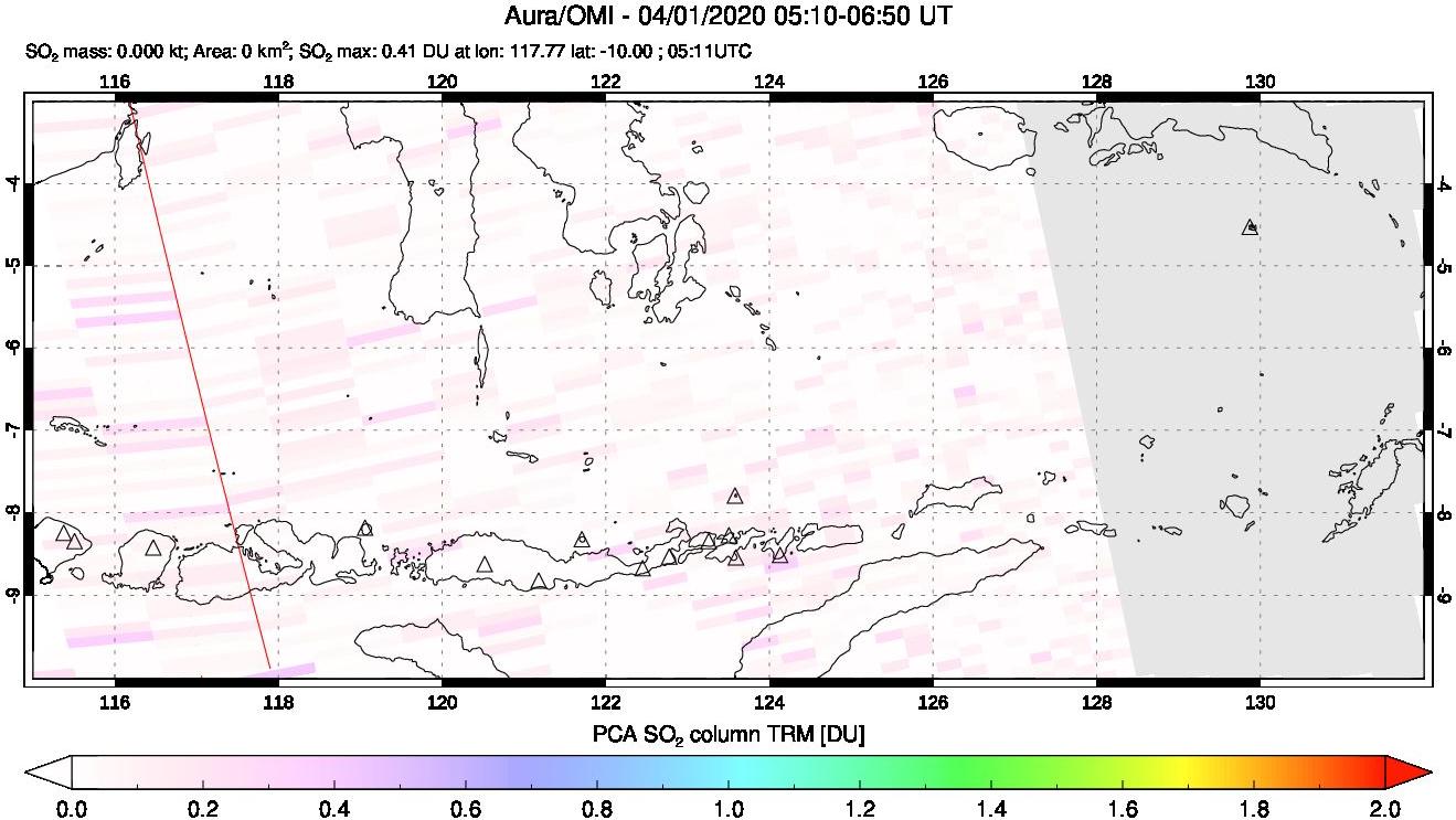 A sulfur dioxide image over Lesser Sunda Islands, Indonesia on Apr 01, 2020.