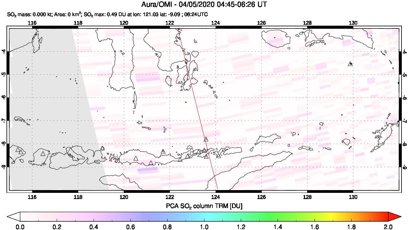 A sulfur dioxide image over Lesser Sunda Islands, Indonesia on Apr 05, 2020.