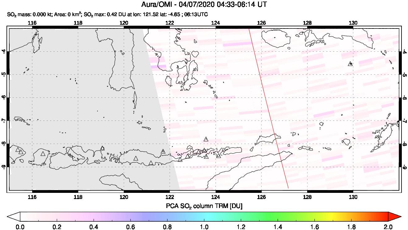 A sulfur dioxide image over Lesser Sunda Islands, Indonesia on Apr 07, 2020.