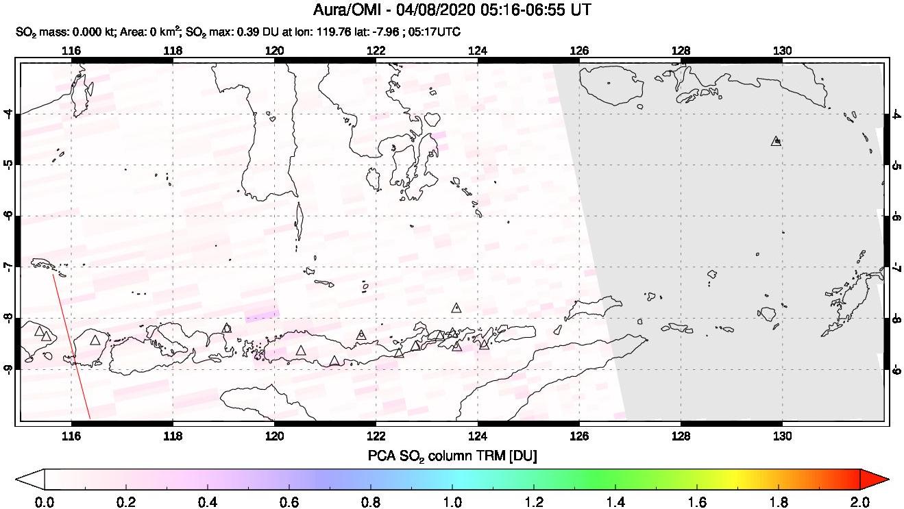 A sulfur dioxide image over Lesser Sunda Islands, Indonesia on Apr 08, 2020.