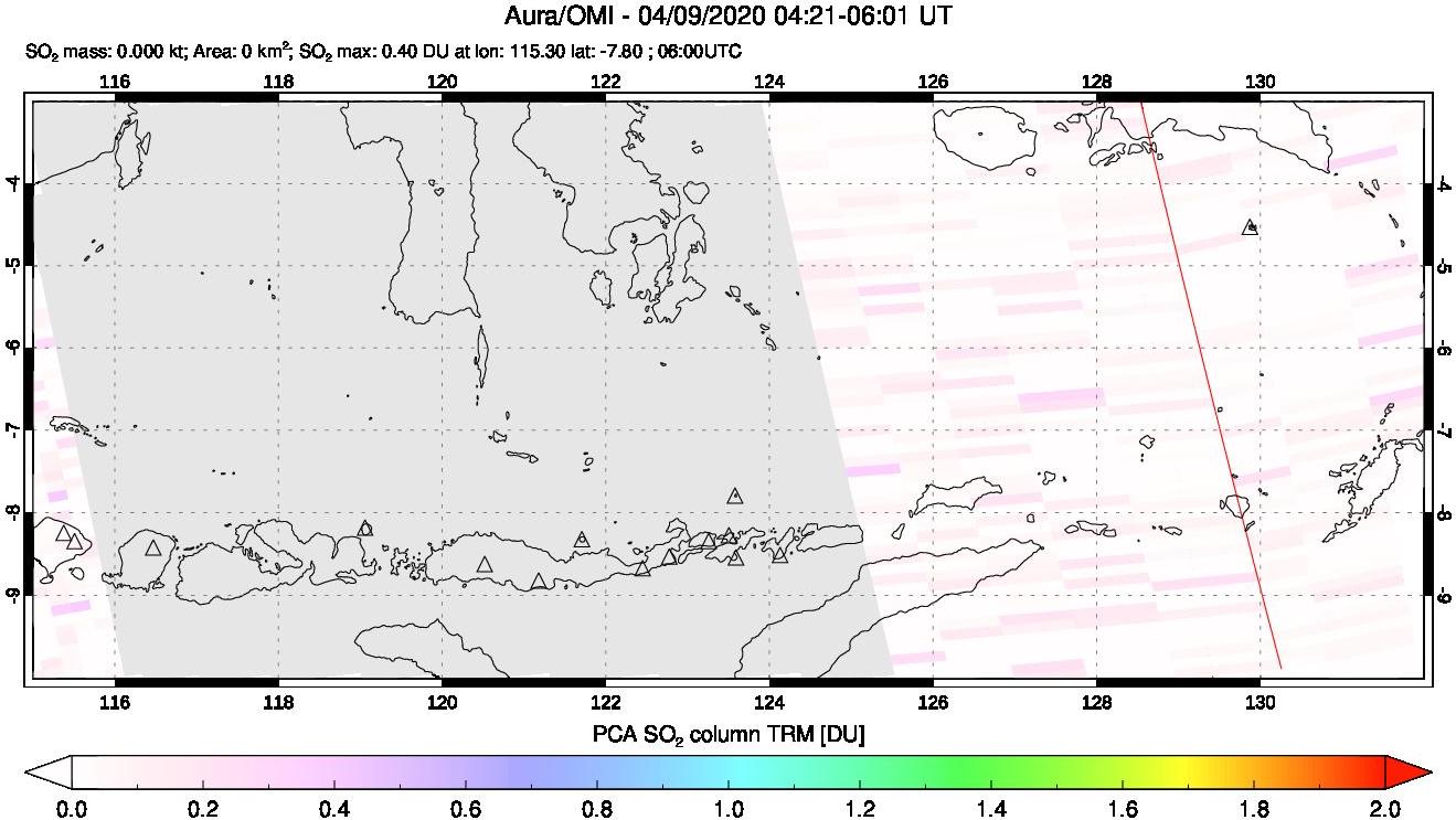 A sulfur dioxide image over Lesser Sunda Islands, Indonesia on Apr 09, 2020.