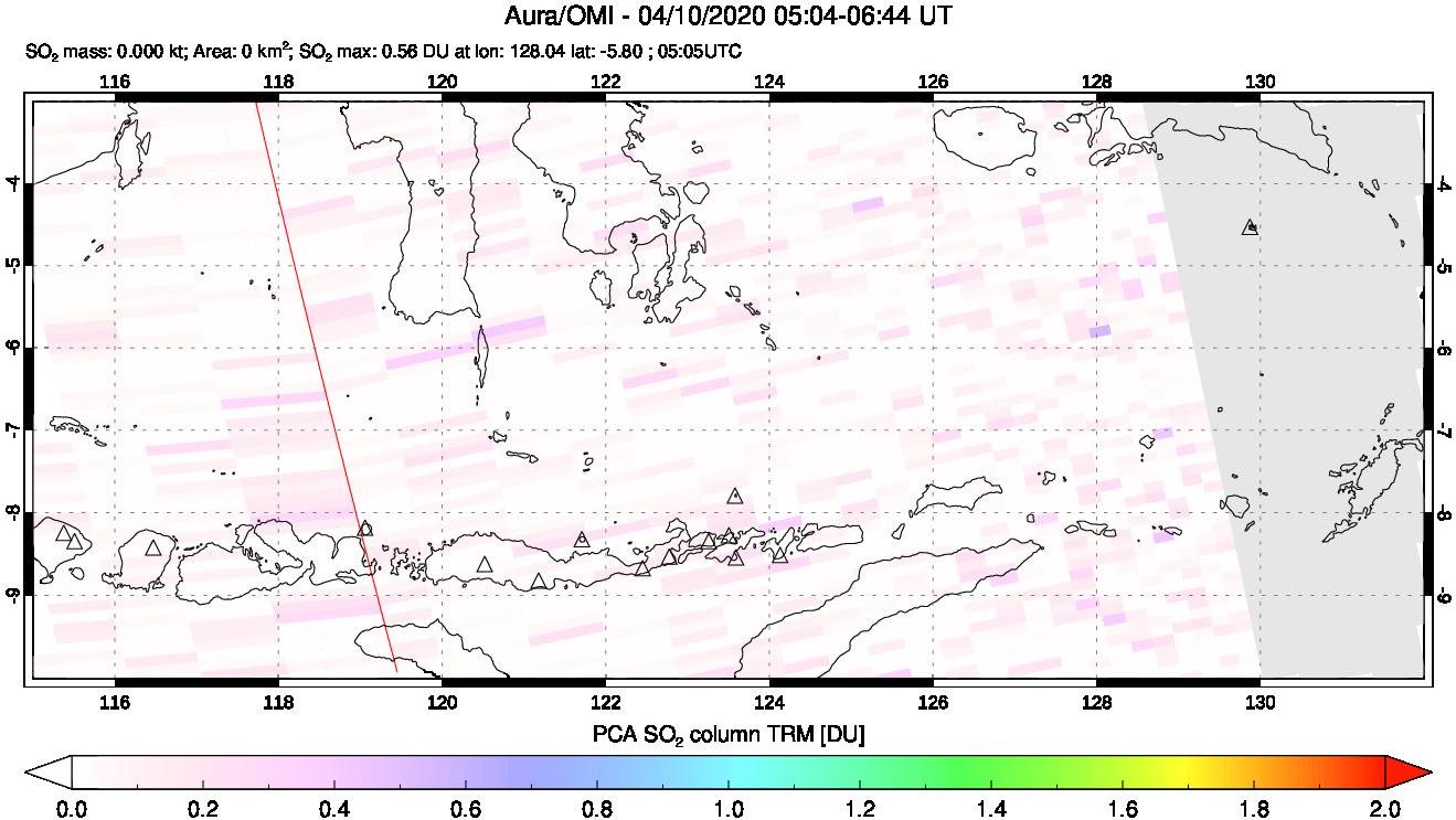 A sulfur dioxide image over Lesser Sunda Islands, Indonesia on Apr 10, 2020.
