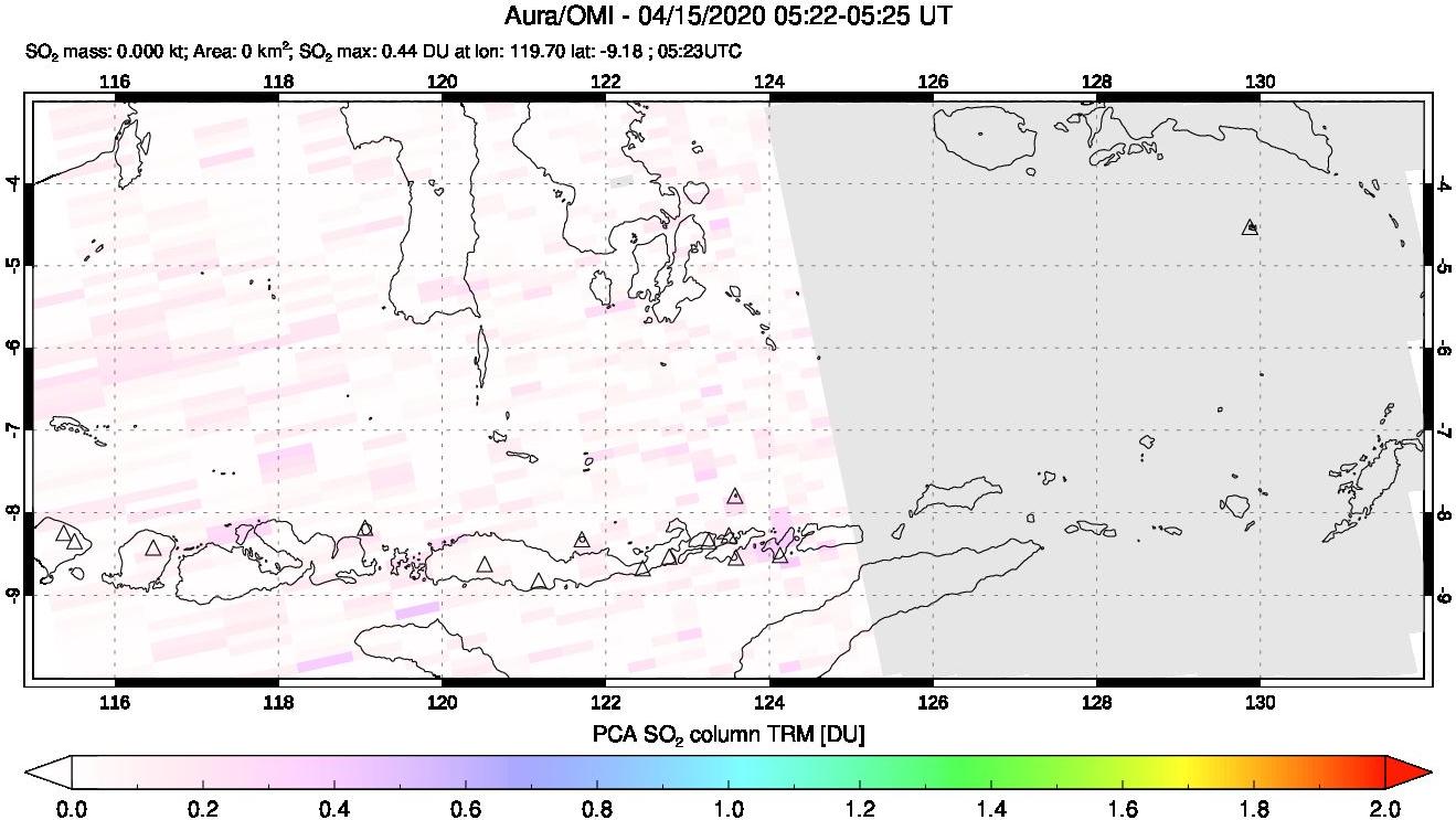 A sulfur dioxide image over Lesser Sunda Islands, Indonesia on Apr 15, 2020.