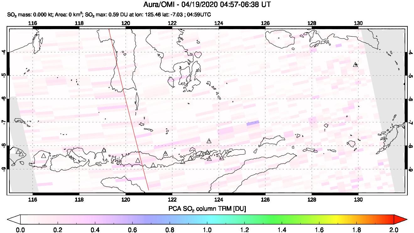 A sulfur dioxide image over Lesser Sunda Islands, Indonesia on Apr 19, 2020.