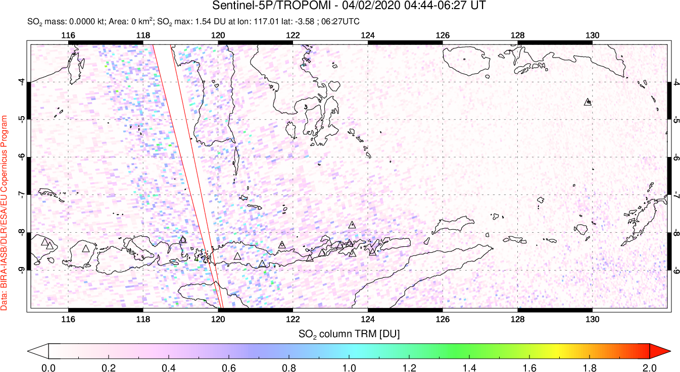 A sulfur dioxide image over Lesser Sunda Islands, Indonesia on Apr 02, 2020.