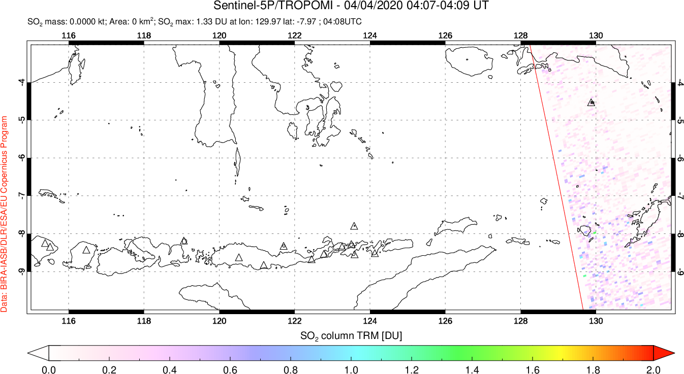 A sulfur dioxide image over Lesser Sunda Islands, Indonesia on Apr 04, 2020.