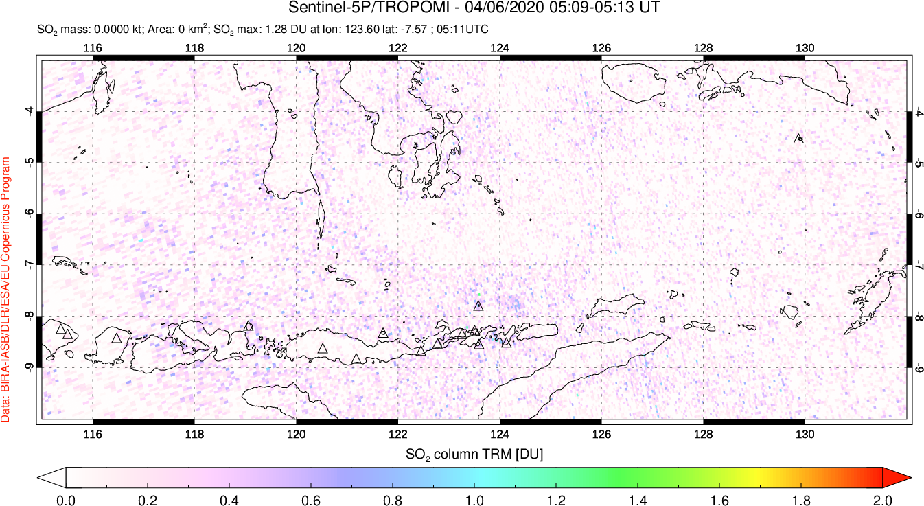 A sulfur dioxide image over Lesser Sunda Islands, Indonesia on Apr 06, 2020.