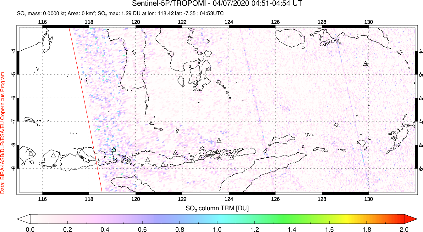 A sulfur dioxide image over Lesser Sunda Islands, Indonesia on Apr 07, 2020.