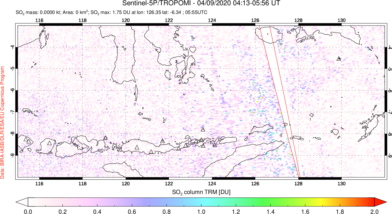 A sulfur dioxide image over Lesser Sunda Islands, Indonesia on Apr 09, 2020.