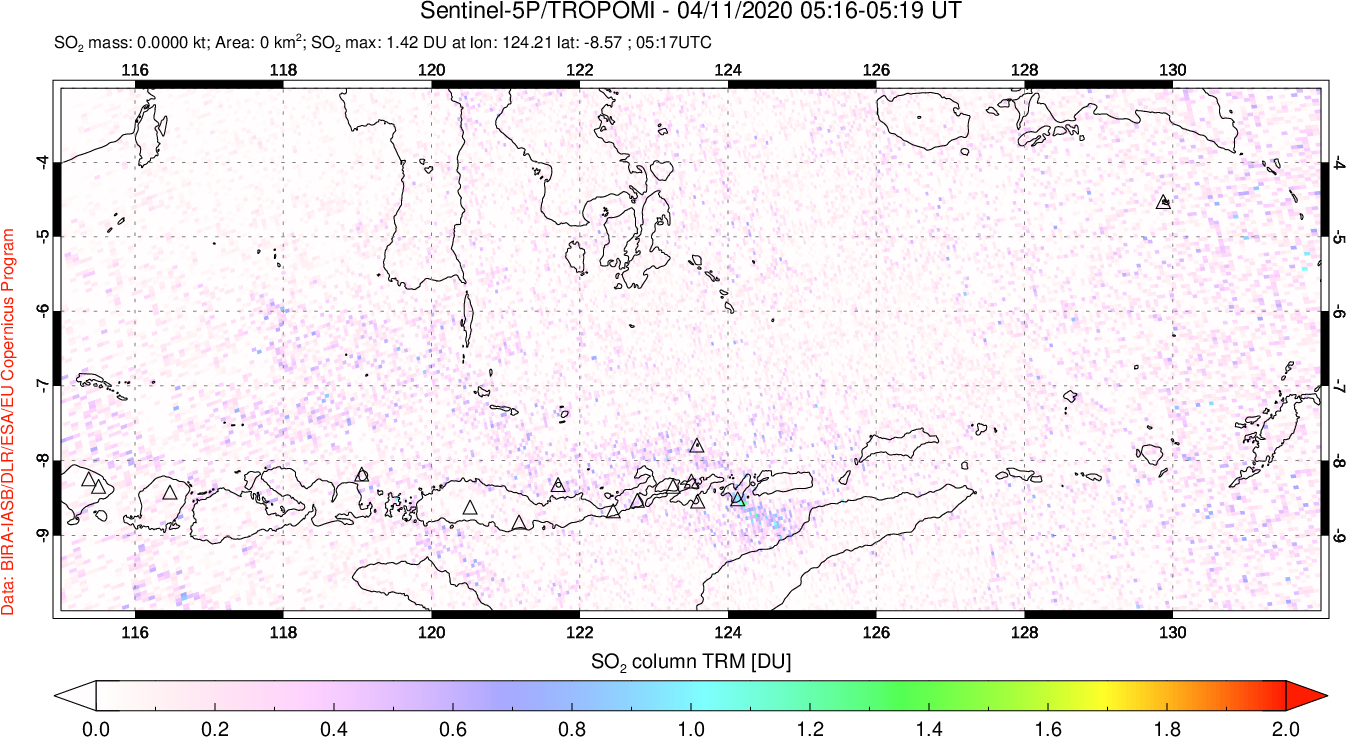 A sulfur dioxide image over Lesser Sunda Islands, Indonesia on Apr 11, 2020.
