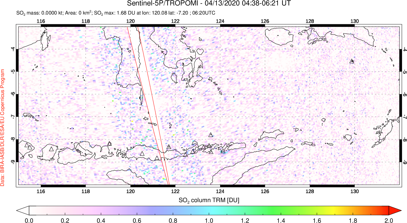 A sulfur dioxide image over Lesser Sunda Islands, Indonesia on Apr 13, 2020.