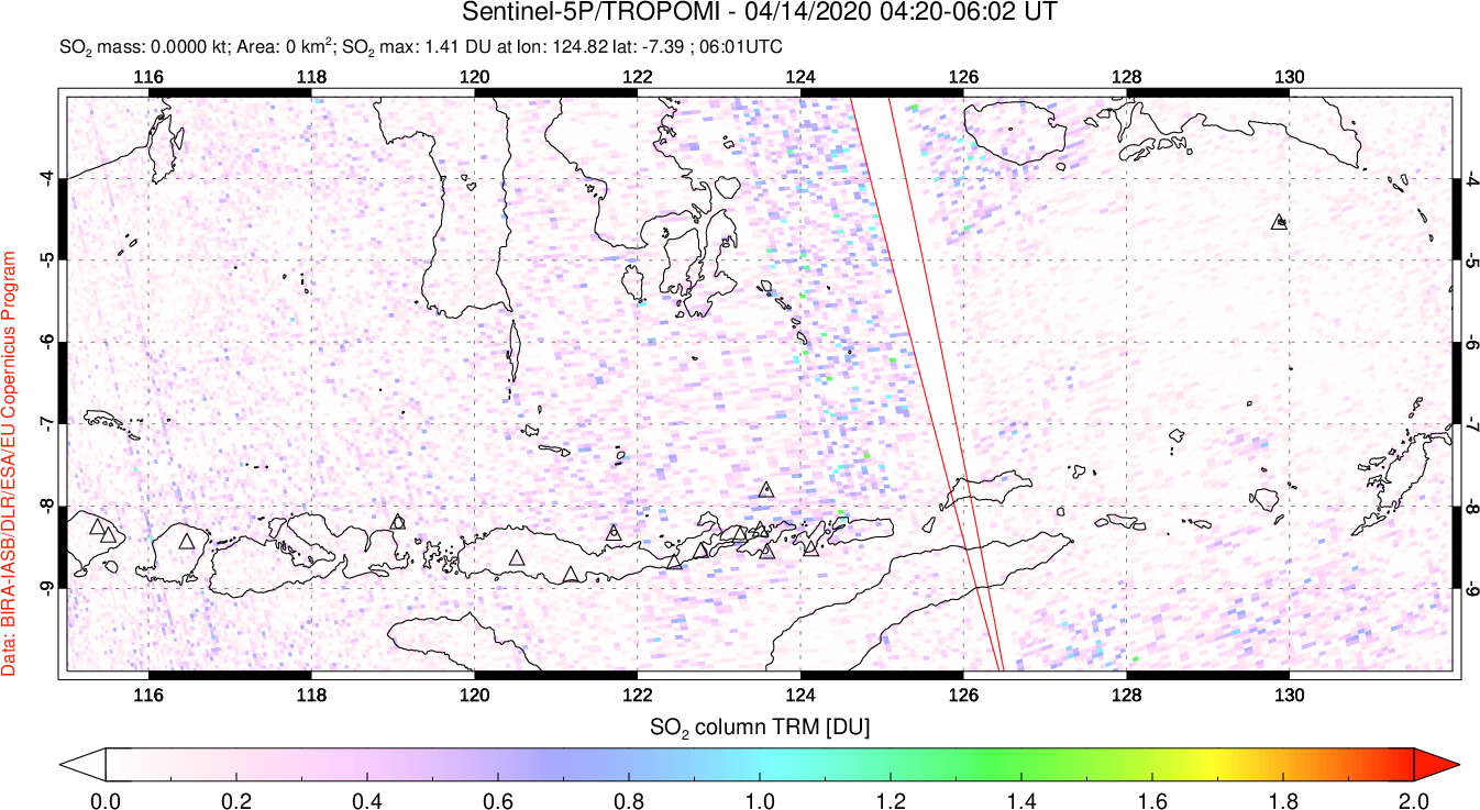 A sulfur dioxide image over Lesser Sunda Islands, Indonesia on Apr 14, 2020.