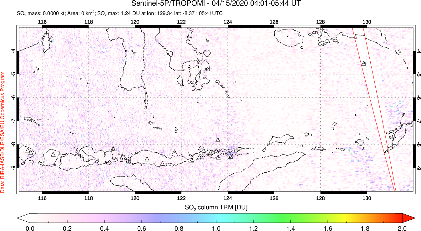 A sulfur dioxide image over Lesser Sunda Islands, Indonesia on Apr 15, 2020.