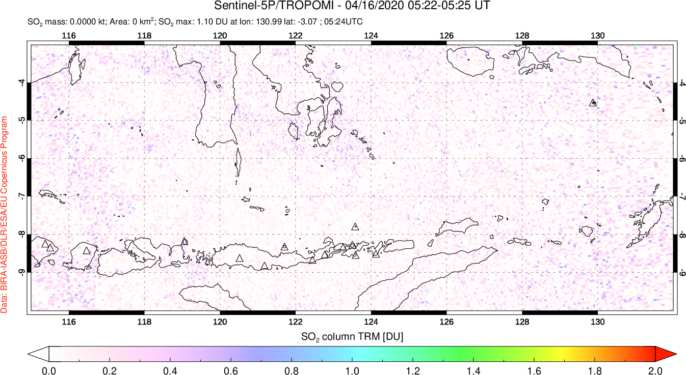 A sulfur dioxide image over Lesser Sunda Islands, Indonesia on Apr 16, 2020.