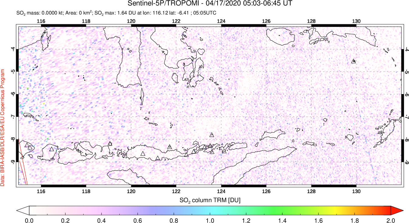 A sulfur dioxide image over Lesser Sunda Islands, Indonesia on Apr 17, 2020.