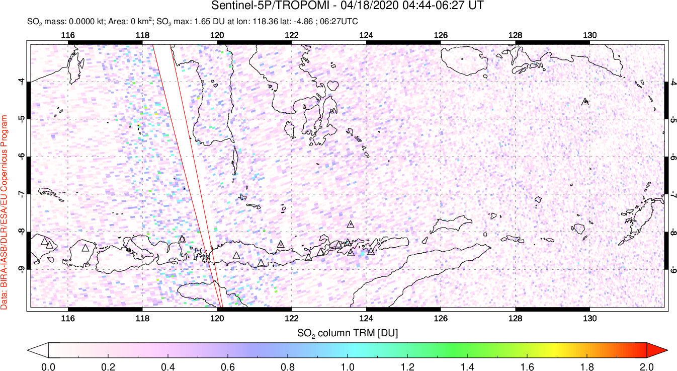A sulfur dioxide image over Lesser Sunda Islands, Indonesia on Apr 18, 2020.