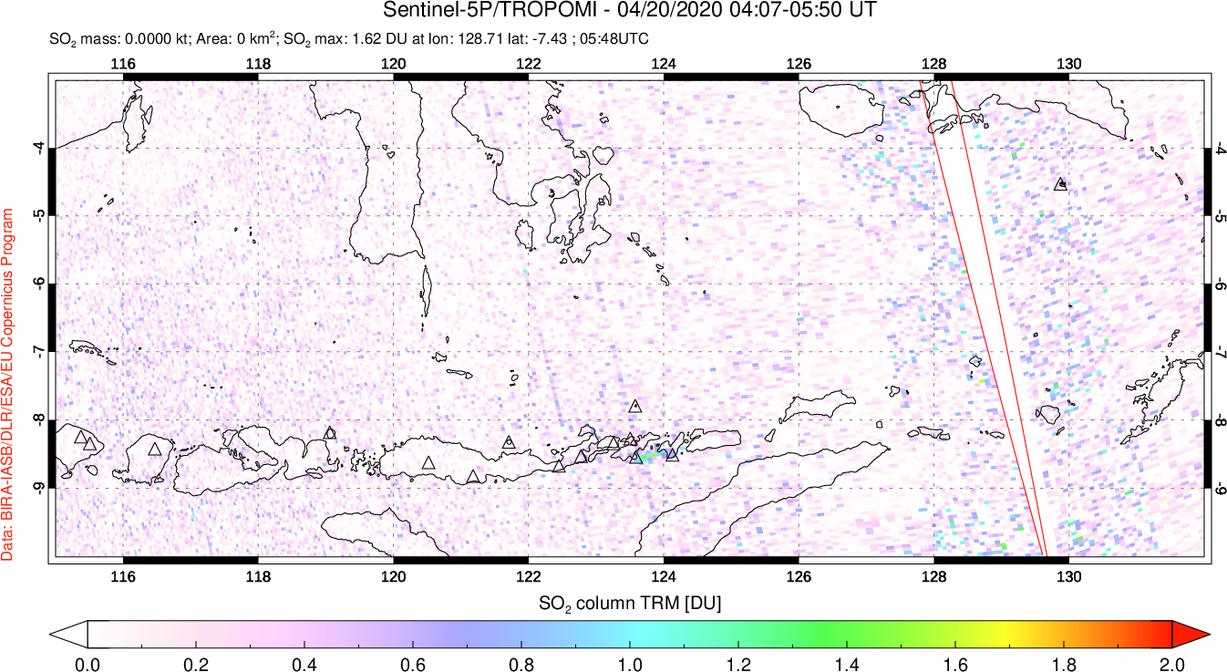 A sulfur dioxide image over Lesser Sunda Islands, Indonesia on Apr 20, 2020.