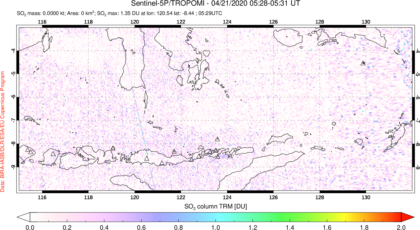 A sulfur dioxide image over Lesser Sunda Islands, Indonesia on Apr 21, 2020.