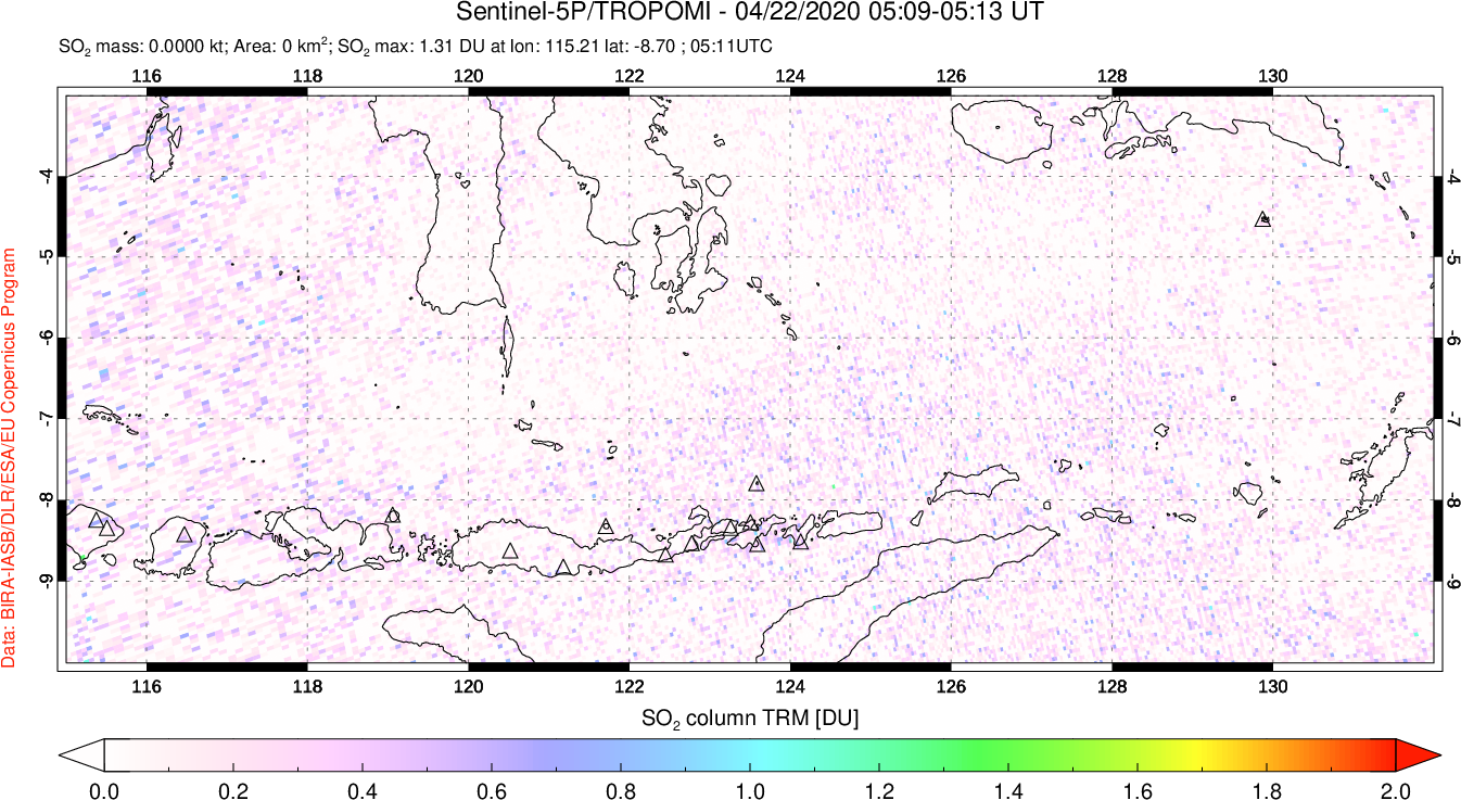 A sulfur dioxide image over Lesser Sunda Islands, Indonesia on Apr 22, 2020.