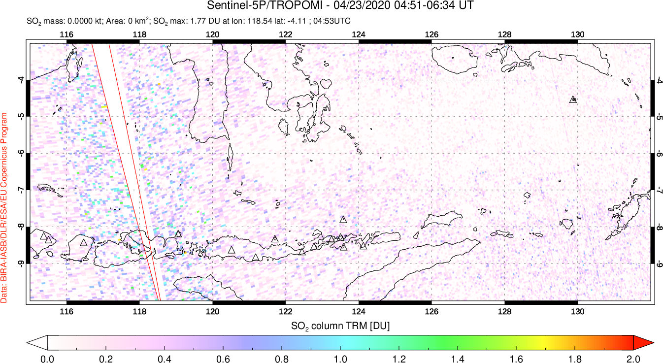 A sulfur dioxide image over Lesser Sunda Islands, Indonesia on Apr 23, 2020.