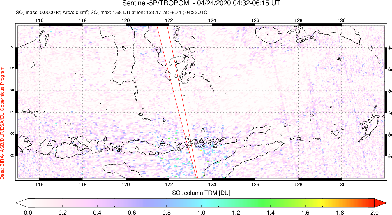 A sulfur dioxide image over Lesser Sunda Islands, Indonesia on Apr 24, 2020.