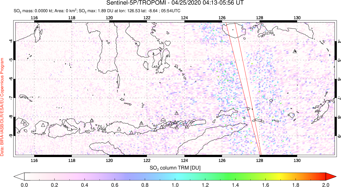 A sulfur dioxide image over Lesser Sunda Islands, Indonesia on Apr 25, 2020.
