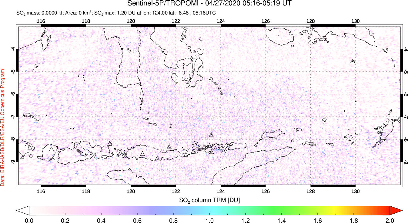 A sulfur dioxide image over Lesser Sunda Islands, Indonesia on Apr 27, 2020.