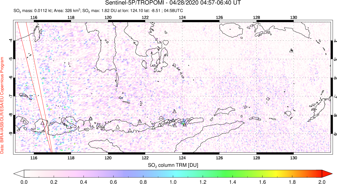 A sulfur dioxide image over Lesser Sunda Islands, Indonesia on Apr 28, 2020.