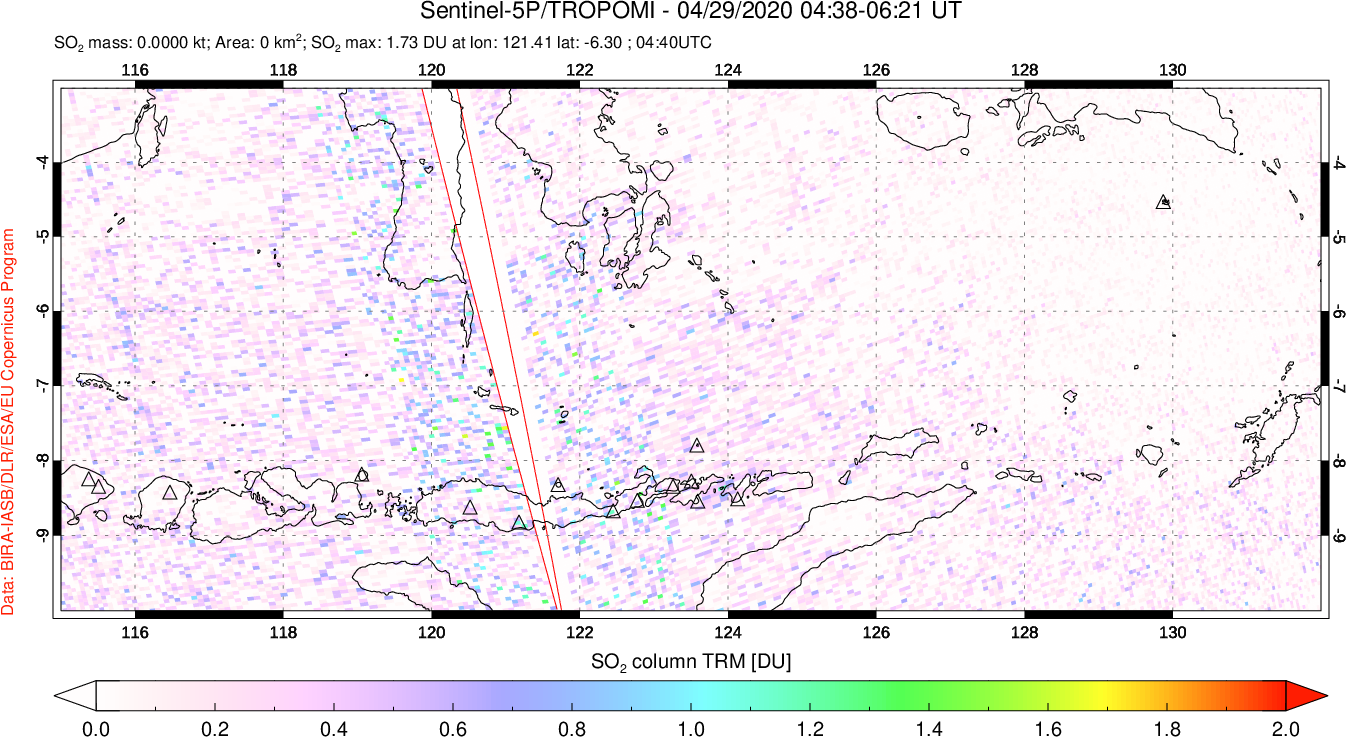 A sulfur dioxide image over Lesser Sunda Islands, Indonesia on Apr 29, 2020.